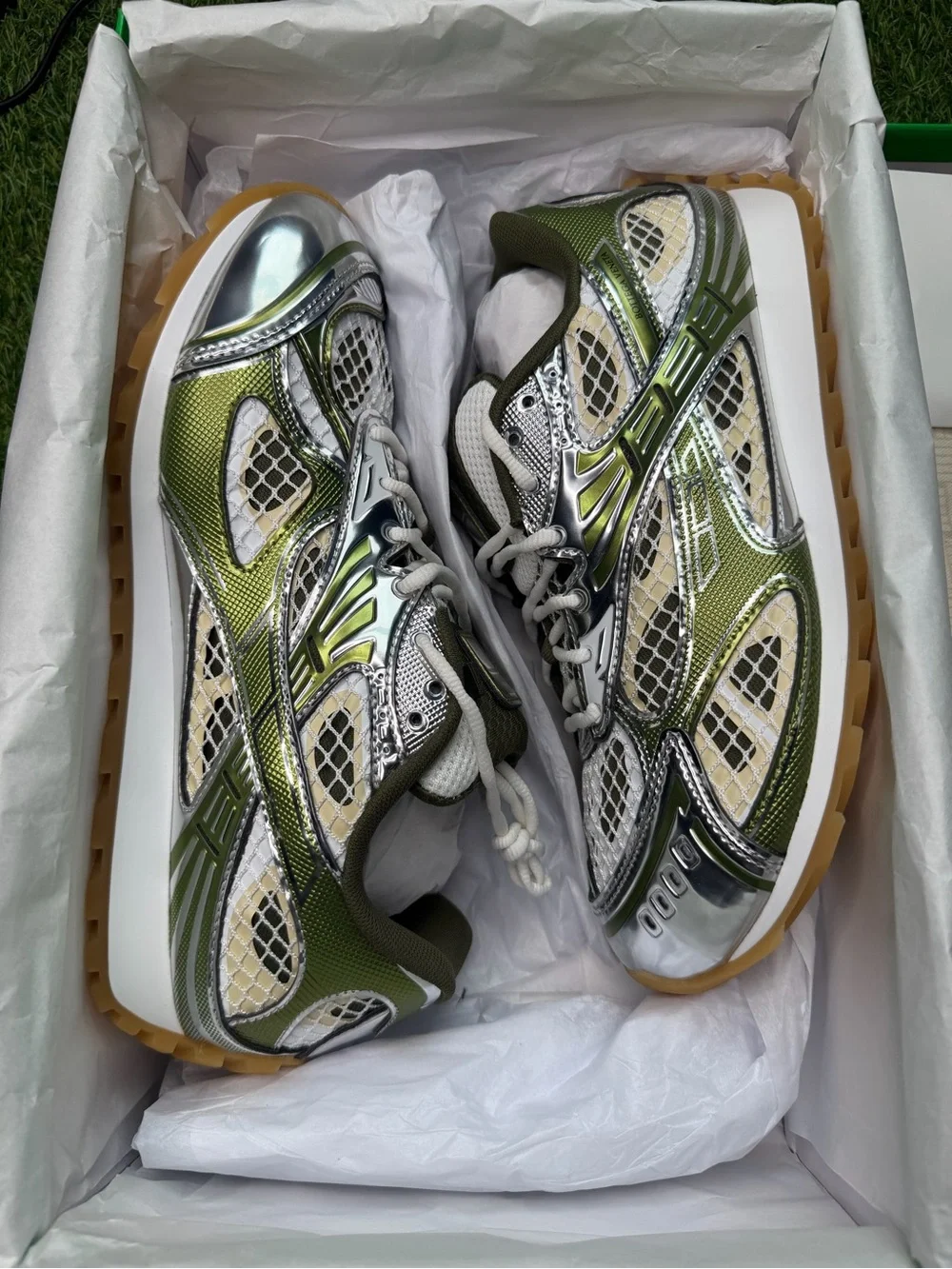 Bottega Veneta Olive Green and Silver Mesh Runner Sneakers
